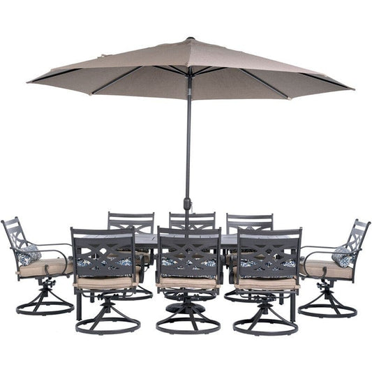 Hanover Outdoor Dining Set Hanover MCLRDN9PCSW8-SU-T Montclair 9-Piece Dining Set with 8 Swivel Rockers, 11-Feet Umbrella and Umbrella Stand - Tan and Brown