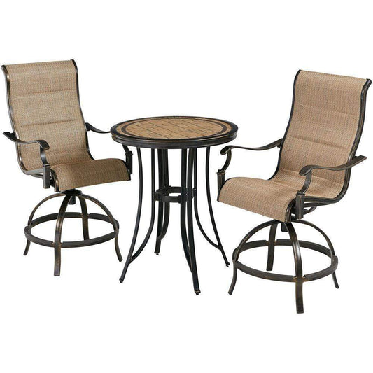 Hanover Outdoor Dining Set Hanover Monaco 3-Piece High-Dining Set in Tan with 2 Padded Swivel Counter-Height Chairs and 30-in. Tile-top Table
