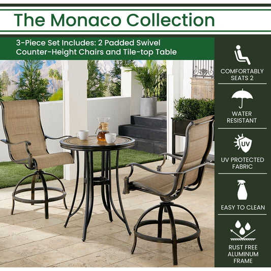 Hanover Outdoor Dining Set Hanover Monaco 3-Piece High-Dining Set in Tan with 2 Padded Swivel Counter-Height Chairs and 30-in. Tile-top Table | MONDN3PCPDBR-C-TAN