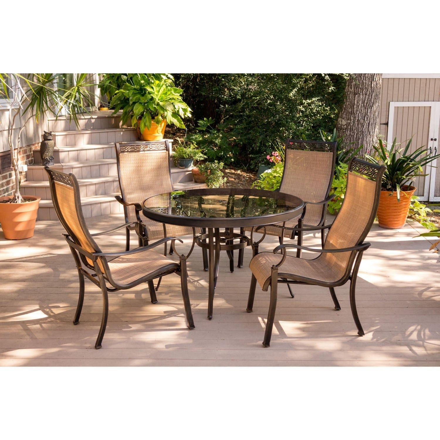 Hanover Outdoor Dining Set Hanover Monaco 5-Piece Dining Set | 4 Sling Dining Chairs, 48" Round Glass Top Table |  MONDN5PCG