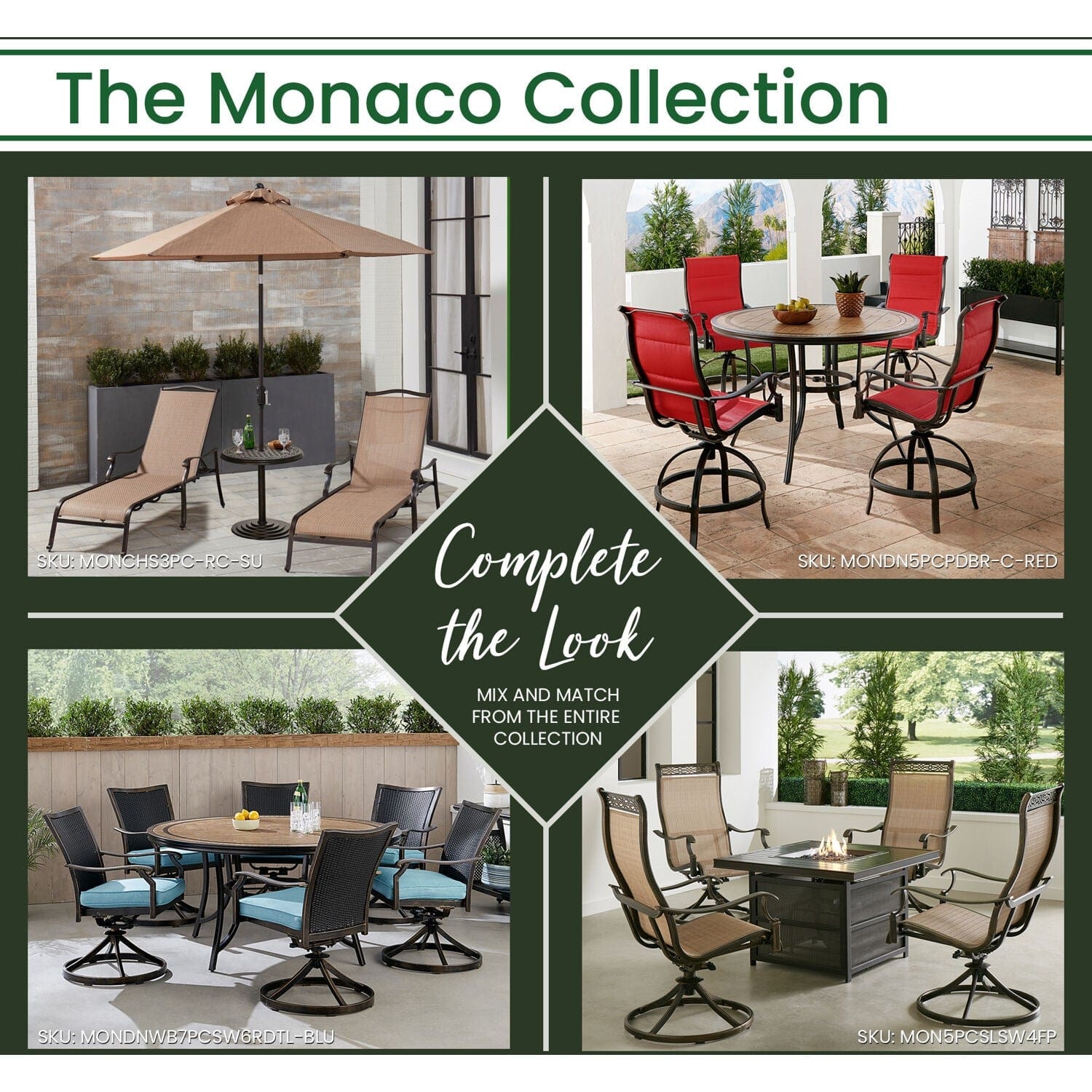 Hanover Outdoor Dining Set Hanover - Monaco 5-Piece Dining Set in Blue with 4 Cushioned Dining Chairs, a 51 In. Tile-Top Table, and a 9 Ft. Table Umbrella | MONDN5PCSW4-SU-B