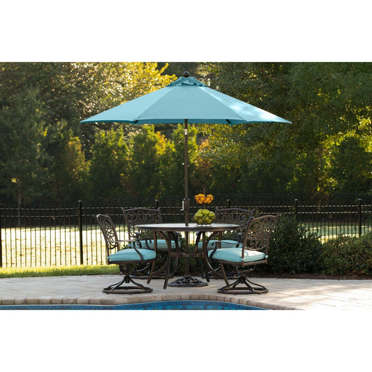 Hanover Outdoor Dining Set Hanover - Monaco 5-Piece Dining Set in Blue with 4 Cushioned Dining Chairs, a 51 In. Tile-Top Table, and a 9 Ft. Table Umbrella MONDN5PCSW4-SU-B