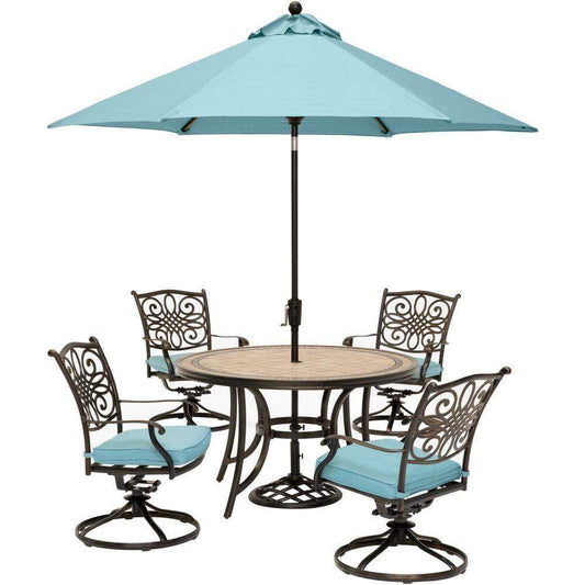 Hanover Outdoor Dining Set Hanover - Monaco 5-Piece Dining Set in Blue with 4 Cushioned Dining Chairs, a 51 In. Tile-Top Table, and a 9 Ft. Table Umbrella MONDN5PCSW4-SU-B