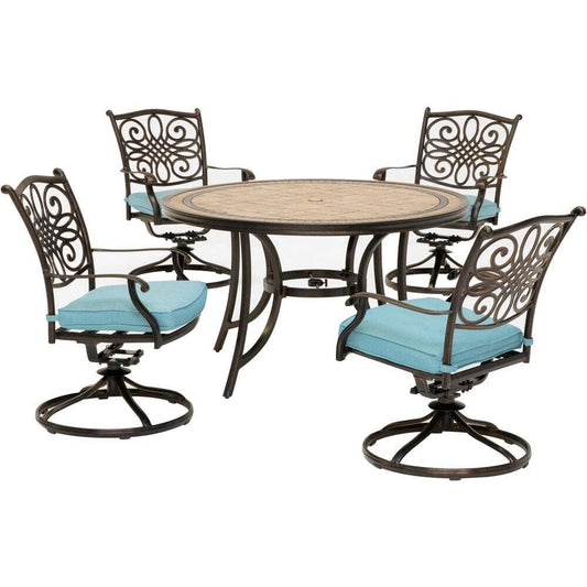 Hanover Outdoor Dining Set Hanover Monaco 5-Piece Dining Set in Blue with Four Swivel Rockers and a 51 In. Tile-Top Table, - MONDN5PCSW-4-BLU