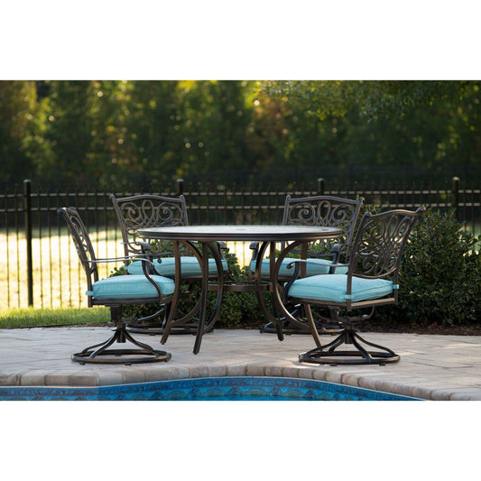 Hanover Outdoor Dining Set Hanover Monaco 5-Piece Dining Set in Blue with Four Swivel Rockers and a 51 In. Tile-Top Table - MONDN5PCSW-4-BLU