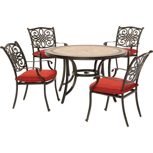 Hanover Outdoor Dining Set Hanover - Monaco 5-Piece Dining Set in Red with 4 Cushioned Dining Chairs and a 51 In. Tile-Top Table MONDN5PC-RED