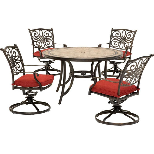 Hanover Outdoor Dining Set Hanover - Monaco 5-Piece Dining Set in Red with Four Swivel Rockers and a 51 In. Tile-Top Table MONDN5PCSW-4-RED