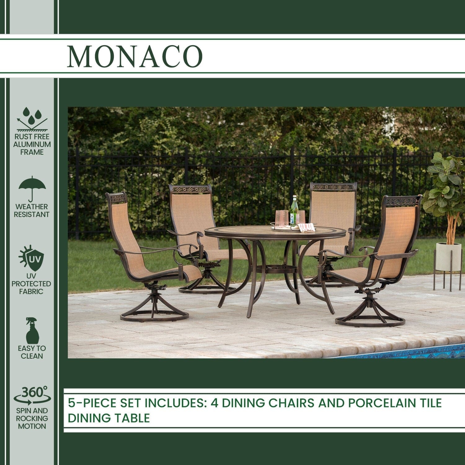 Hanover Outdoor Dining Set Hanover Monaco 5-Piece Dining Set with Four Sling Swivel Rockers and a 51 In. Tile-Top Dining Table | MONACO5PCSW