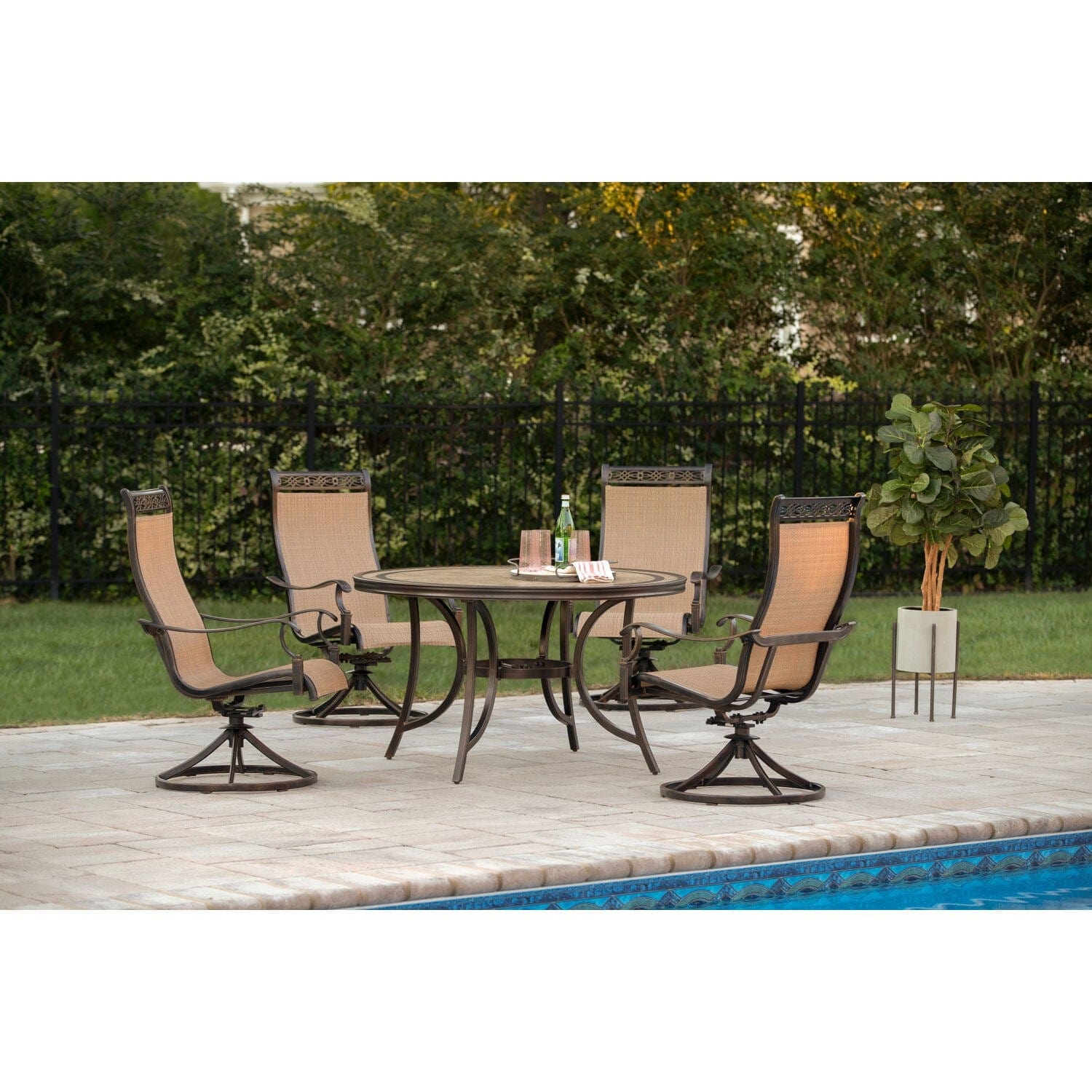 Hanover Outdoor Dining Set Hanover Monaco 5-Piece Dining Set with Four Sling Swivel Rockers and a 51 In. Tile-Top Dining Table | MONACO5PCSW