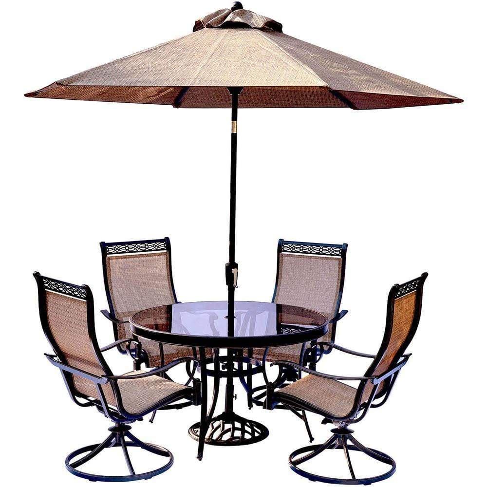 Hanover Outdoor Dining Set Hanover Monaco 5-Piece Dining Set with Swivel Sling Chairs, Glass-top Dining Table, 9 Ft. Table Umbrella, and Umbrella Stand, MONDN5PCSWG-SU