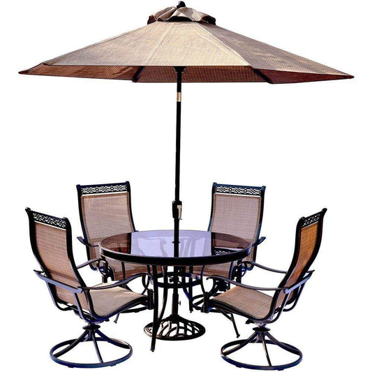 Hanover Outdoor Dining Set Hanover Monaco 5-Piece Dining Set with Swivel Sling Chairs, Glass-top Dining Table, 9 Ft. Table Umbrella, and Umbrella Stand, MONDN5PCSWG-SU
