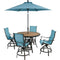 Hanover Outdoor Dining Set Hanover Monaco 5-Piece High-Dining Set in Blue with 4 Padded Counter-Height Swivel Chairs, 56-In. Tile-Top Table and 9-Ft. Umbrella