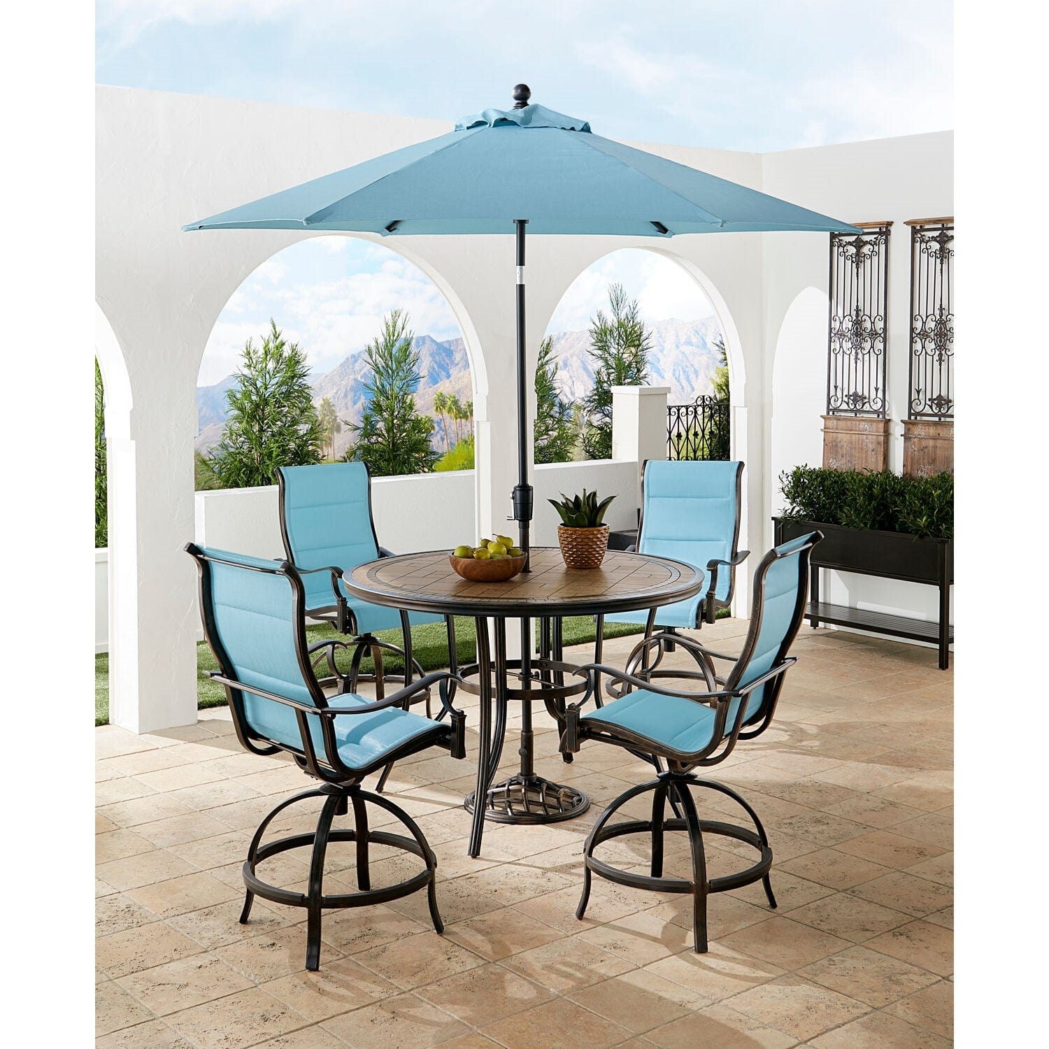 Hanover Outdoor Dining Set Hanover Monaco 5-Piece High-Dining Set in Blue with 4 Padded Counter-Height Swivel Chairs, 56-In. Tile-Top Table and 9-Ft. Umbrella | MONDN5PCPDBRC-SU-B