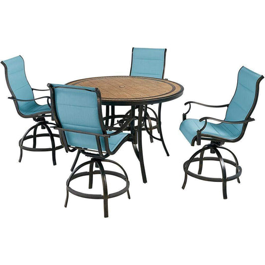 Hanover Outdoor Dining Set Hanover Monaco 5-Piece High-Dining Set in Blue with 4 Padded Counter-Height Swivel Chairs and a 56-In. Tile-Top Table