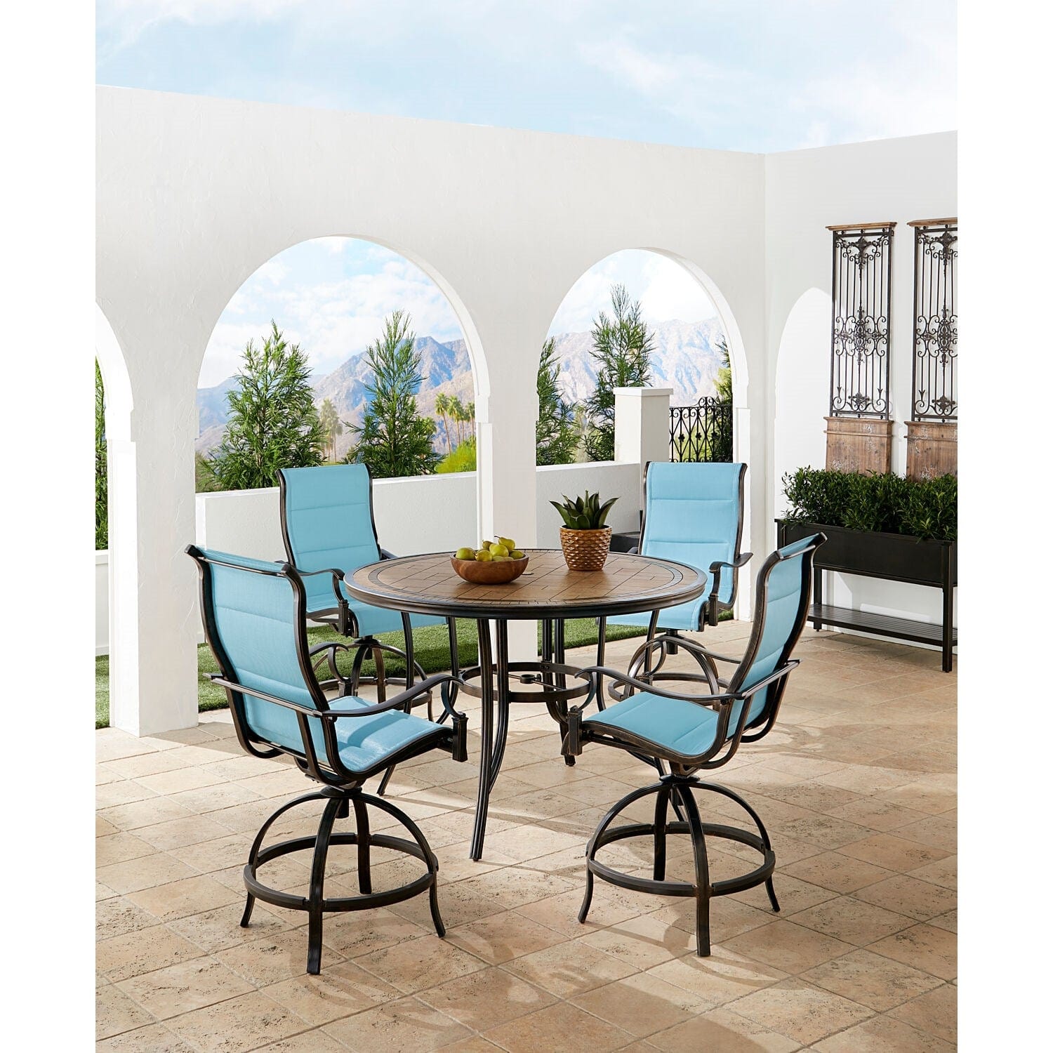 Hanover Outdoor Dining Set Hanover Monaco 5-Piece High-Dining Set in Blue with 4 Padded Counter-Height Swivel Chairs and a 56-In. Tile-Top Table | MONDN5PCPDBR-C-BLU