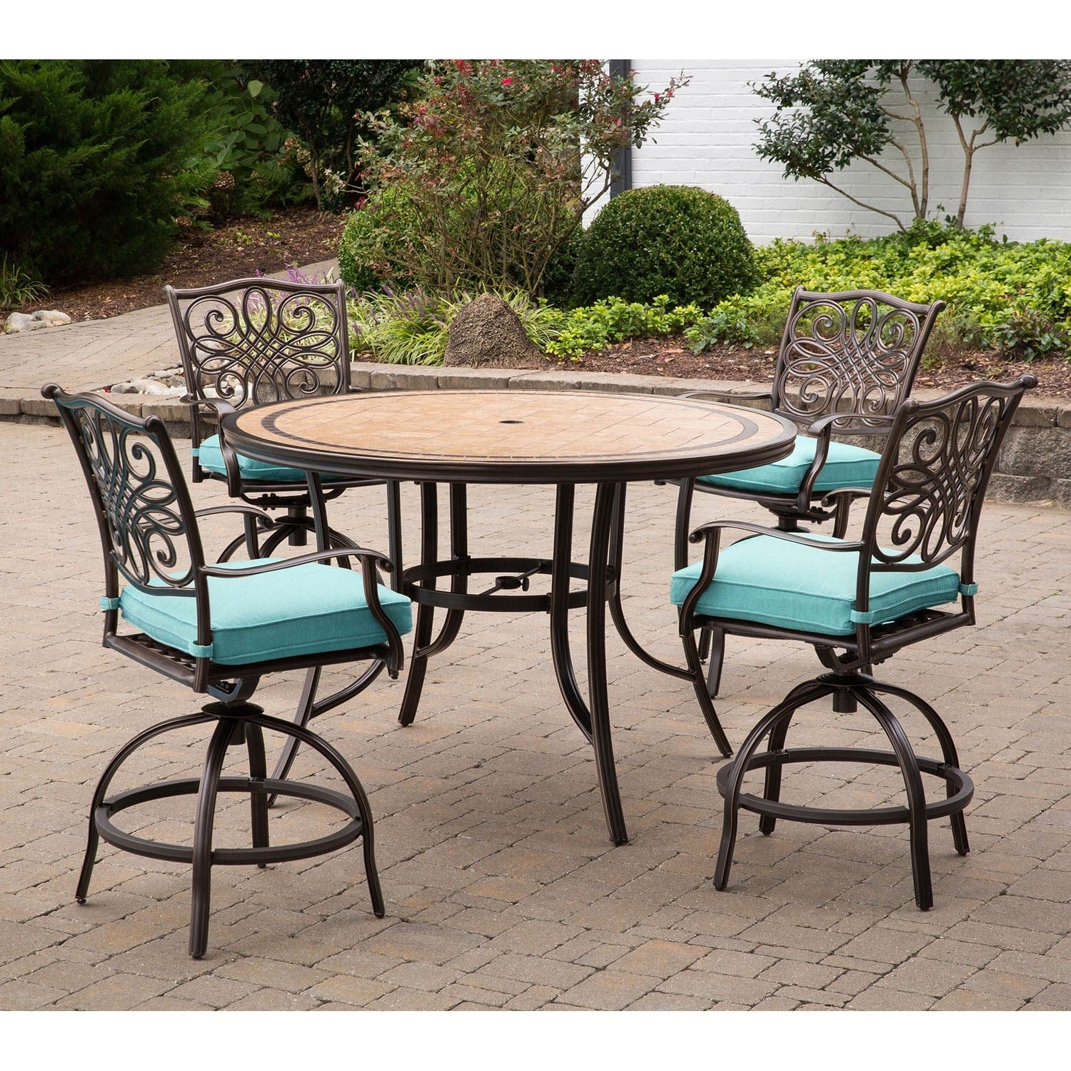 Hanover Outdoor Dining Set Hanover Monaco 5-Piece High-Dining Set in Blue with 4 Swivel Chairs and a 56 In. Tile-top Table | MONDN5PCBR-C-BLU