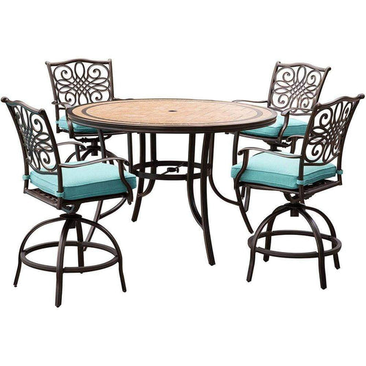 Hanover Outdoor Dining Set Hanover Monaco 5-Piece High-Dining Set in Blue with 4 Swivel Chairs and a 56 In. Tile-top Table, MONDN5PCBR-C-BLU