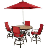 Hanover Outdoor Dining Set Hanover Monaco 5-Piece High-Dining Set in Red with 4 Padded Counter-Height Swivel Chairs, 56-In. Tile-Top Table and 9-Ft. Umbrella