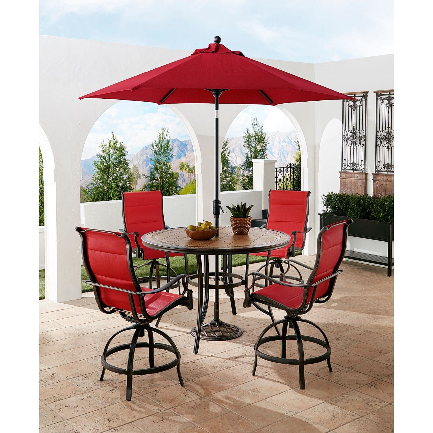 Hanover Outdoor Dining Set Hanover Monaco 5-Piece High-Dining Set in Red with 4 Padded Counter-Height Swivel Chairs, 56-In. Tile-Top Table and 9-Ft. Umbrella | MONDN5PCPDBRC-SU-R