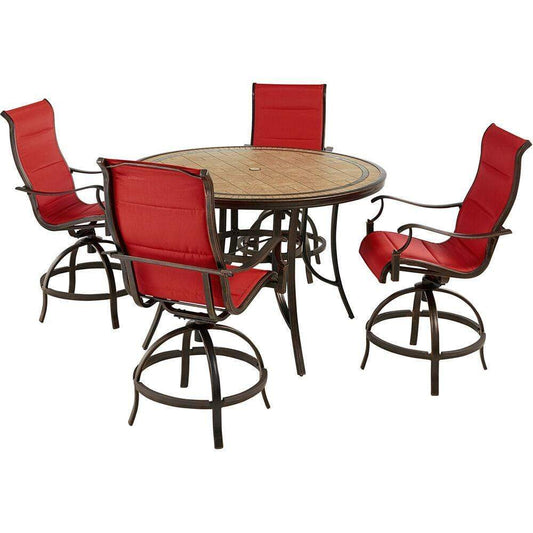 Hanover Outdoor Dining Set Hanover Monaco 5-Piece High-Dining Set in Red with 4 Padded Counter-Height Swivel Chairs and a 56-In. Tile-Top Table