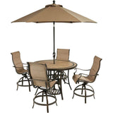Hanover Outdoor Dining Set Hanover Monaco 5-Piece High-Dining Set in Tan with 4 Padded Counter-Height Swivel Chairs, 56-In. Tile-Top Table and 9-Ft. Umbrella