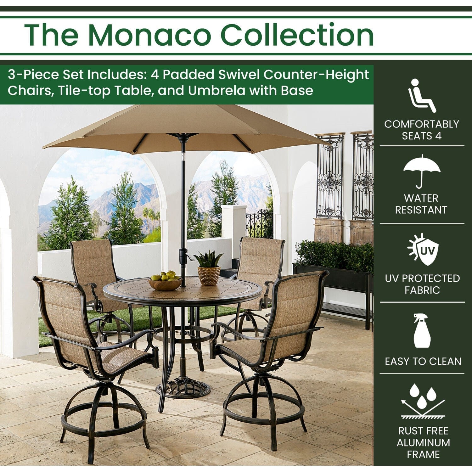 Hanover Outdoor Dining Set Hanover Monaco 5-Piece High-Dining Set in Tan with 4 Padded Counter-Height Swivel Chairs, 56-In. Tile-Top Table and 9-Ft. Umbrella | MONDN5PCPDBRC-SU-T
