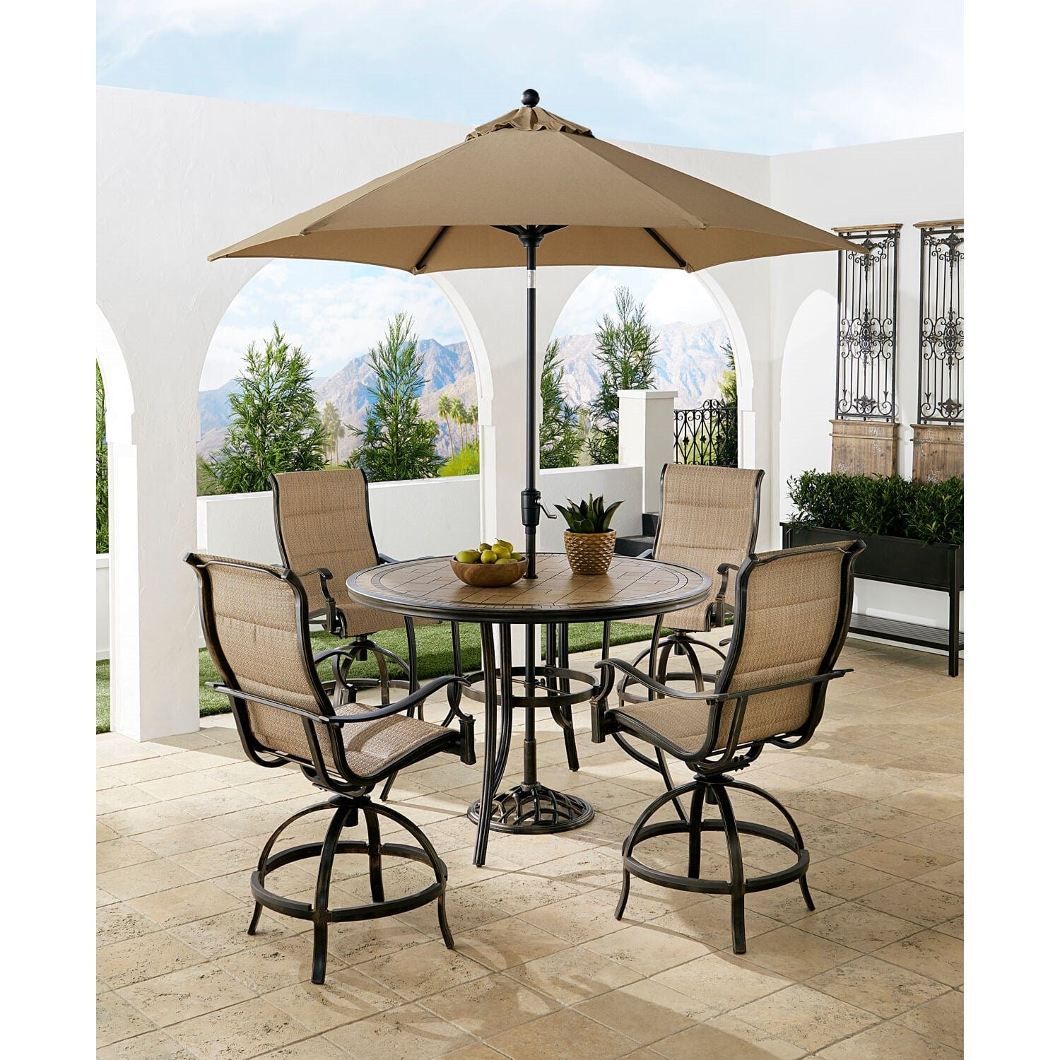 Hanover Outdoor Dining Set Hanover Monaco 5-Piece High-Dining Set in Tan with 4 Padded Counter-Height Swivel Chairs, 56-In. Tile-Top Table and 9-Ft. Umbrella | MONDN5PCPDBRC-SU-T