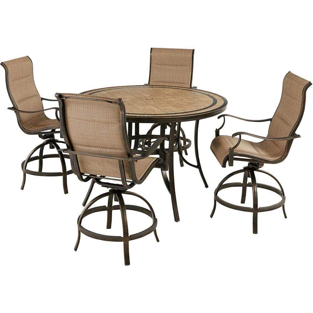 Hanover Outdoor Dining Set Hanover Monaco 5-Piece High-Dining Set in Tan with 4 Padded Counter-Height Swivel Chairs and a 56-In. Tile-Top Table
