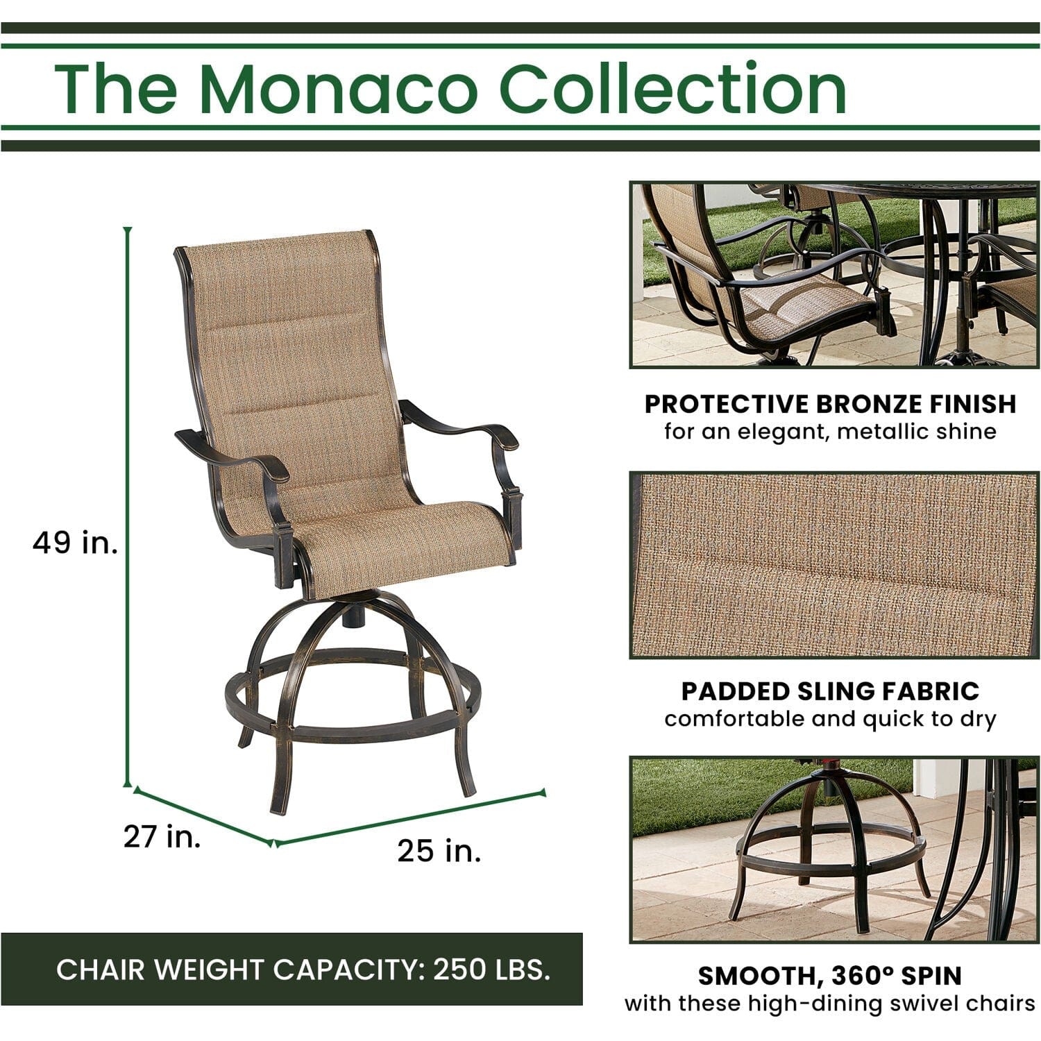 Hanover Outdoor Dining Set Hanover Monaco 5-Piece High-Dining Set in Tan with 4 Padded Counter-Height Swivel Chairs and a 56-In. Tile-Top Table | MONDN5PCPDBR-C-TAN