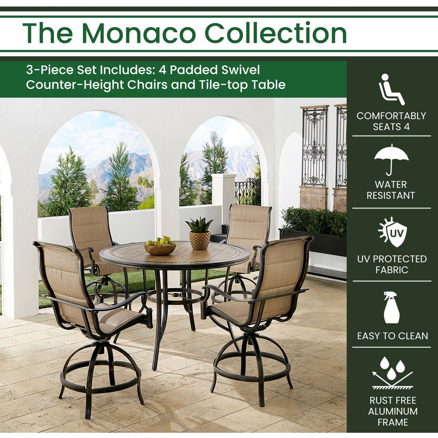 Hanover Outdoor Dining Set Hanover Monaco 5-Piece High-Dining Set in Tan with 4 Padded Counter-Height Swivel Chairs and a 56-In. Tile-Top Table | MONDN5PCPDBR-C-TAN