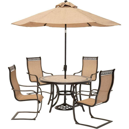 Hanover Outdoor Dining Set Hanover Monaco 5-Piece Outdoor Dining Set with C-Spring Chairs, Tile-top Dining Table, and a 9 Ft. Table Umbrella, MONDN5PCSP-SU