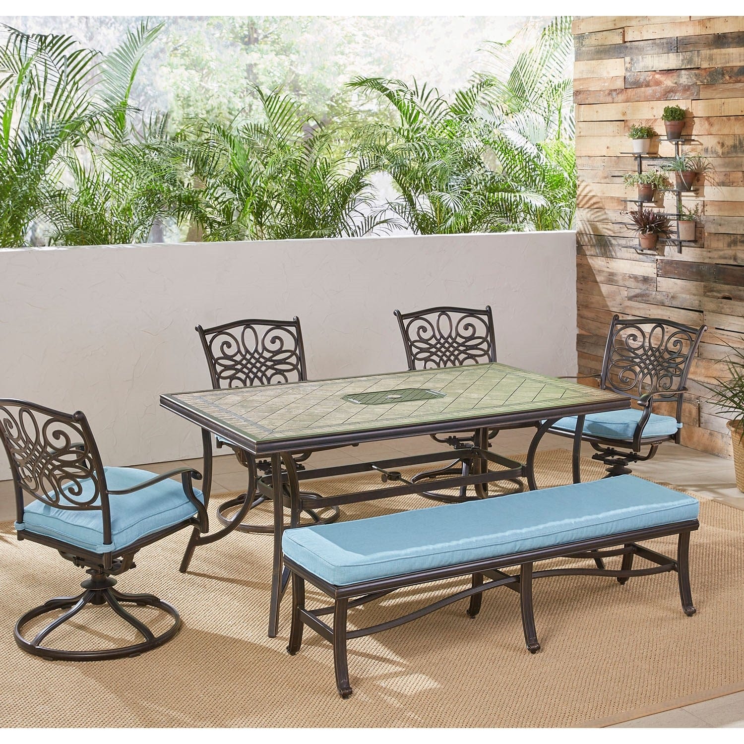 Hanover Outdoor Dining Set Hanover - Monaco 6-Piece Dining Set in Blue with Four Swivel Rockers, a Cushioned Bench, and a 40" x 68" Tile-Top Table | MONDN6PCSW4BN-BLU