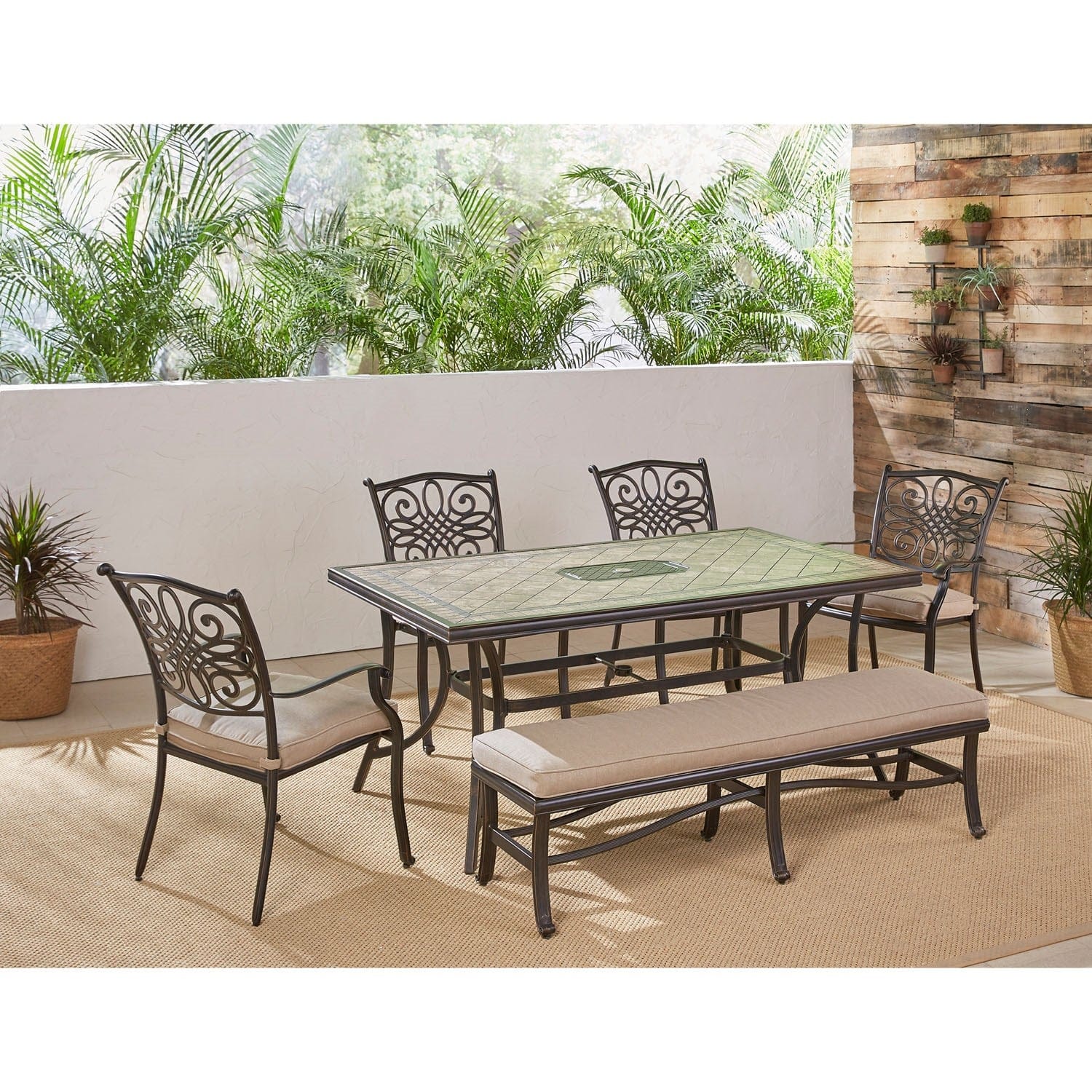 Hanover Outdoor Dining Set Hanover - Monaco 6-Piece Dining Set in Tan with Four Dining Chairs, a Cushioned Bench, and a 40" x 68" Tile-Top Table | MONDN6PCBN-TAN