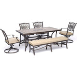 Hanover Outdoor Dining Set Hanover Monaco 6-Piece Dining Set in Tan with Four Swivel Rockers, a Cushioned Bench, and a 40" x 68" Tile-Top Table, MONDN6PCSW4BN-TAN