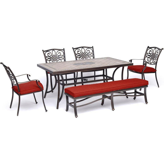 Hanover Outdoor Dining Set Hanover - Monaco 6-Piece Patio Dining Set in Red with Four Dining Chairs, 1 Bench, and a 40" x 68" Tile-Top Table