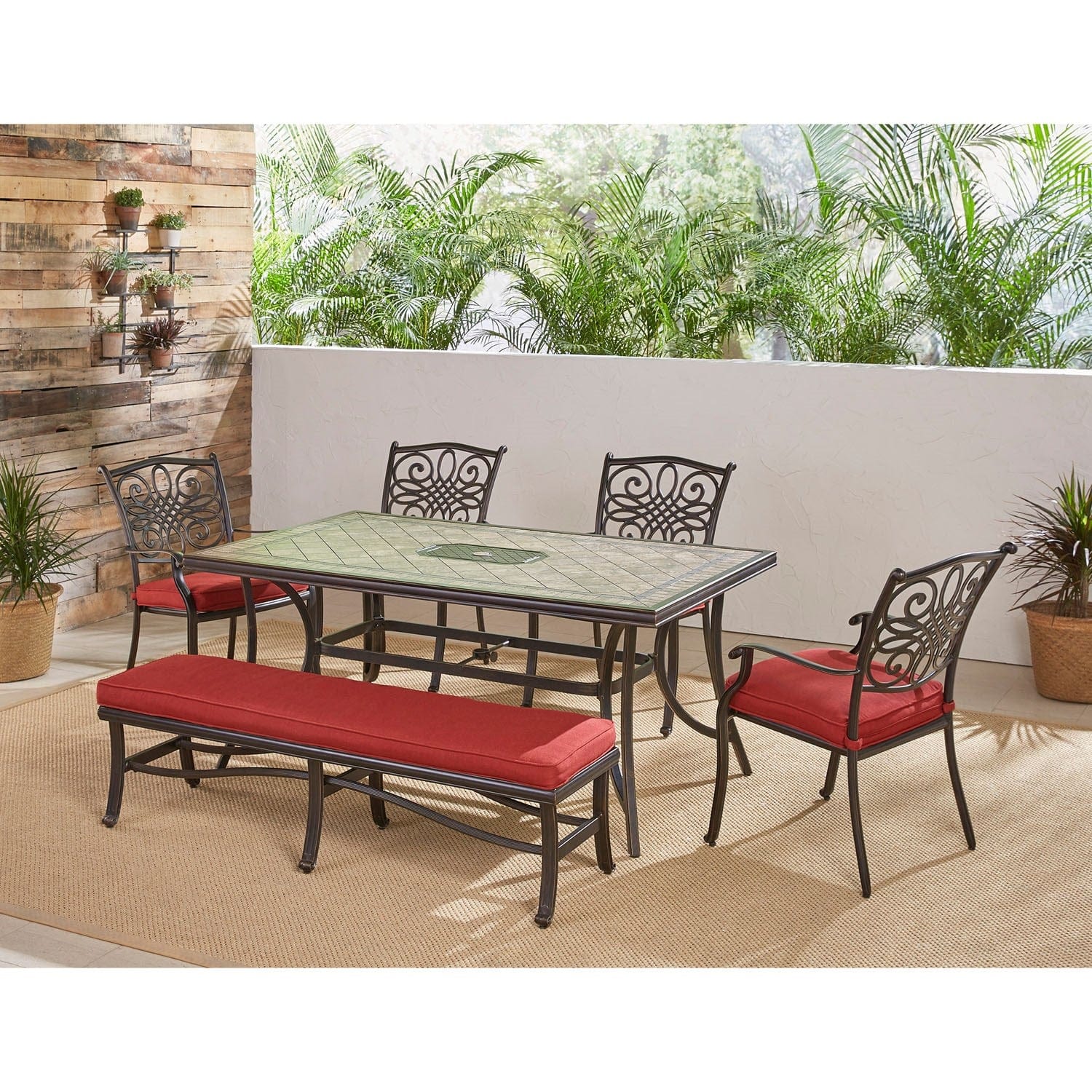 Hanover Outdoor Dining Set Hanover - Monaco 6-Piece Patio Dining Set in Red with Four Dining Chairs, 1 Bench, and a 40" x 68" Tile-Top Table | MONDN6PCBN-RED