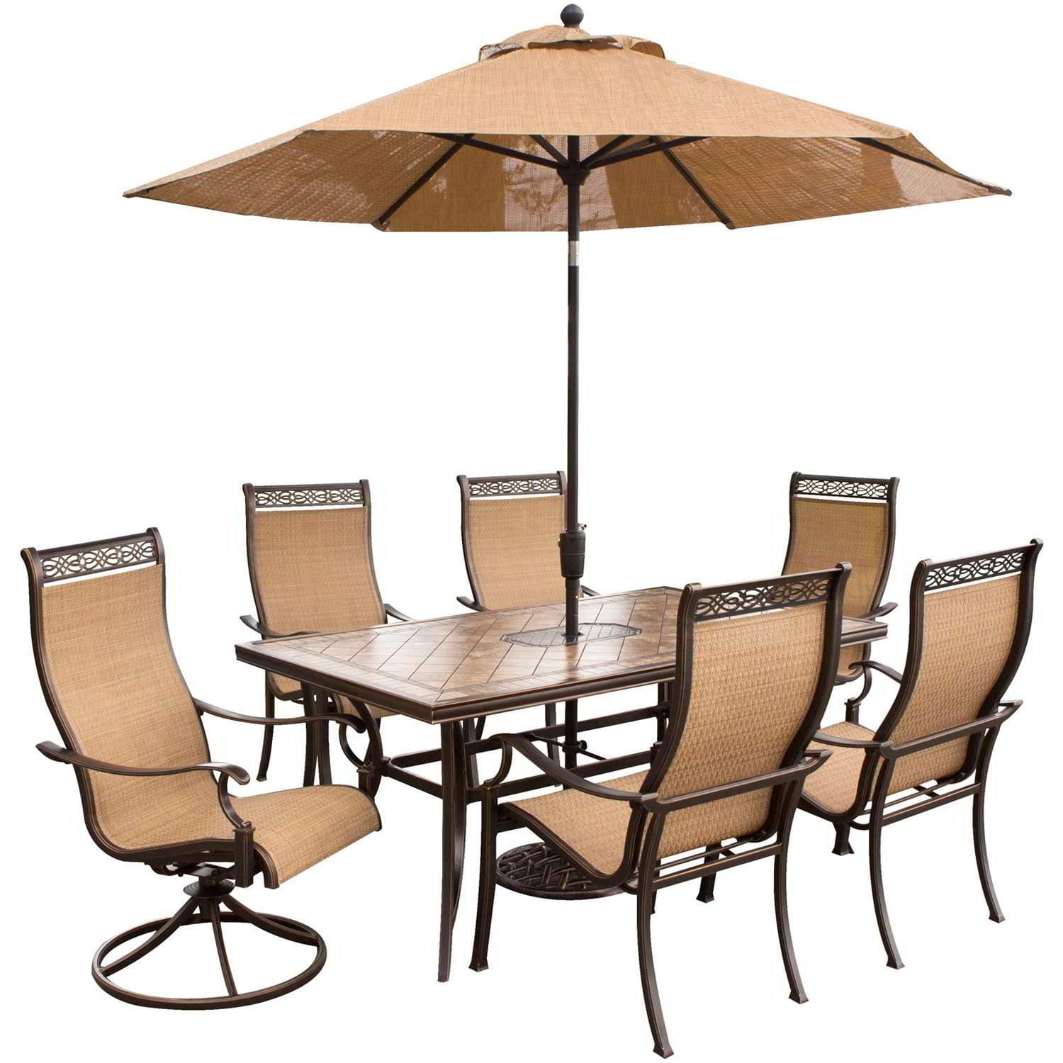 Hanover Outdoor Dining Set Hanover - Monaco 7 Pc. Dining Set with Umbrella- Two Swivel Chairs, Four Dining Chairs, and a 40 x 68 in. Table with Umbrella