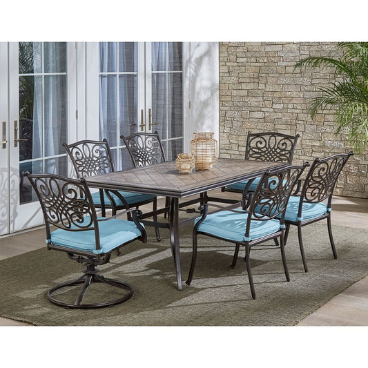 Hanover Outdoor Dining Set Hanover - Monaco 7-Piece Dining Set in Blue with 4 Dining Chairs, 2 Swivel Rockers, and a 40" x 68" Tile-Top Table