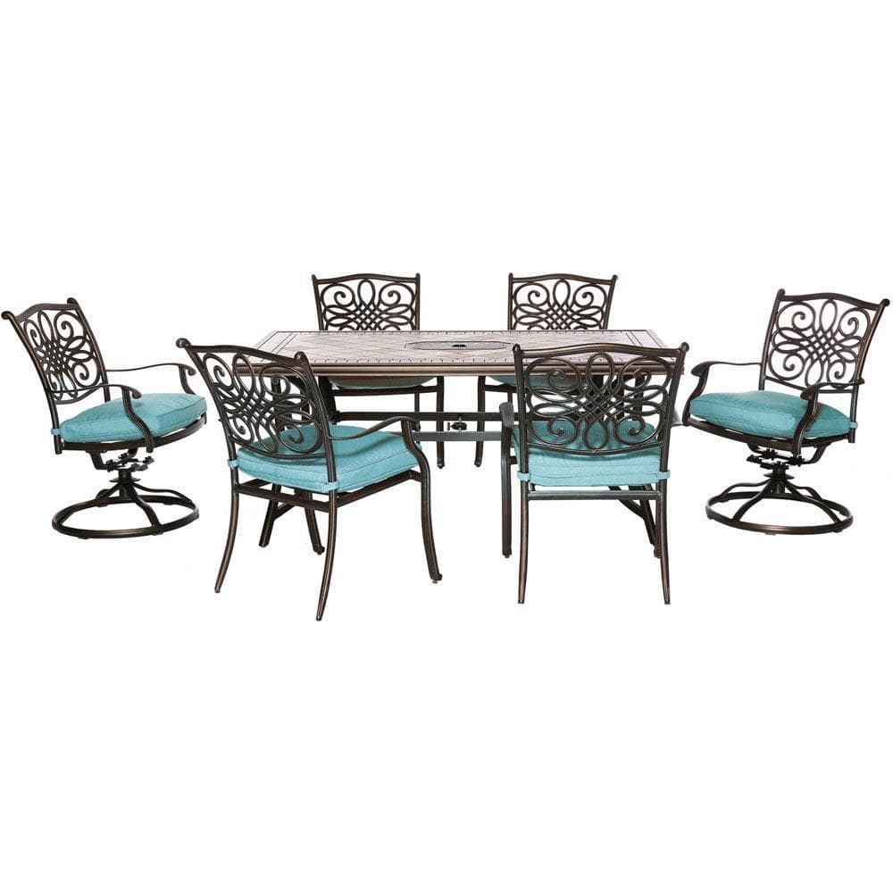 Hanover Outdoor Dining Set Hanover - Monaco 7-Piece Dining Set in Blue with 4 Dining Chairs, 2 Swivel Rockers, and a 40" x 68" Tile-Top Table