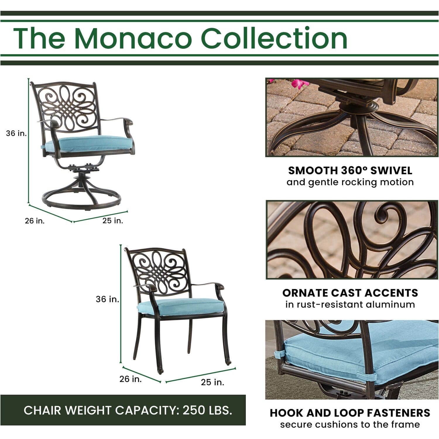 Hanover Outdoor Dining Set Hanover - Monaco 7-Piece Dining Set in Blue with 4 Dining Chairs, 2 Swivel Rockers, and a 40" x 68" Tile-Top Table | MONDN7PCSW-2-BLU