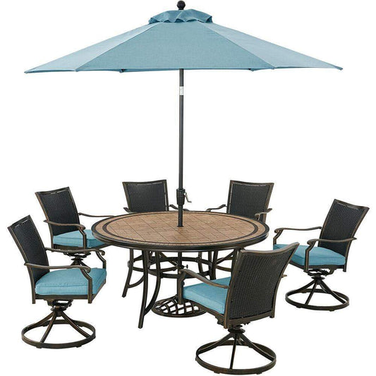 Hanover Outdoor Dining Set Hanover Monaco 7-Piece Dining Set in Blue with 6 Wicker Back Swivel Rockers, 60-in. Tile-Top Table and 9-Ft. Umbrella