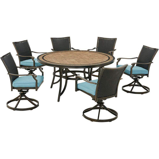 Hanover Outdoor Dining Set Hanover Monaco 7-Piece Dining Set in Blue with 6 Wicker Back Swivel Rockers and a 60-in. Tile-Top Table