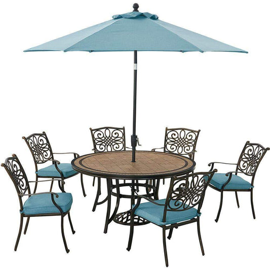 Hanover Outdoor Dining Set Hanover Monaco 7-Piece Dining Set in Blue with Six Dining Chairs, 60-in. Tile-Top Table and 9-Ft. Umbrella
