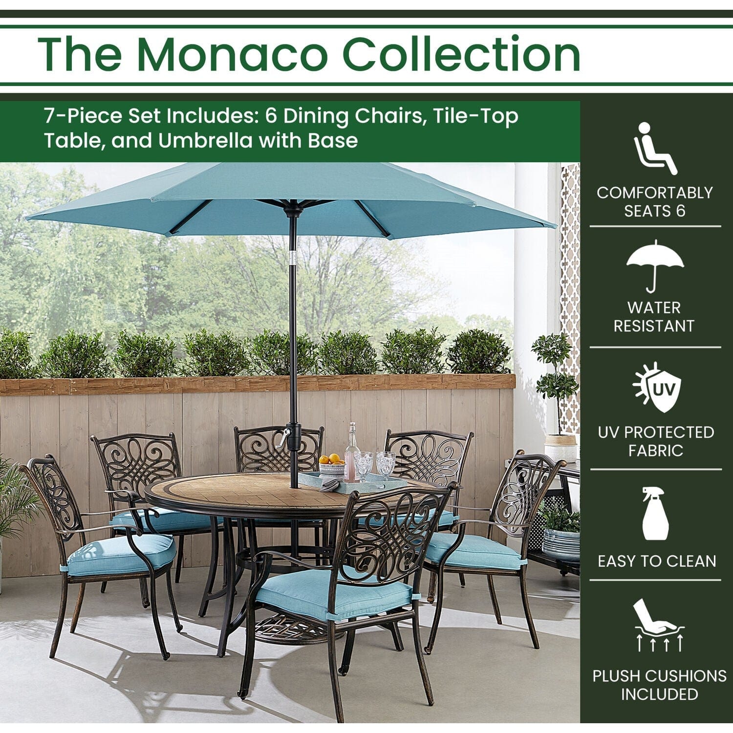 Hanover Outdoor Dining Set Hanover Monaco 7-Piece Dining Set in Blue with Six Dining Chairs, 60-in. Tile-Top Table and 9-Ft. Umbrella | MONDN7PCRDTLC-SU-B