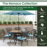 Hanover Outdoor Dining Set Hanover Monaco 7-Piece Dining Set in Blue with Six Dining Chairs, 60-in. Tile-Top Table and 9-Ft. Umbrella | MONDN7PCRDTLC-SU-B