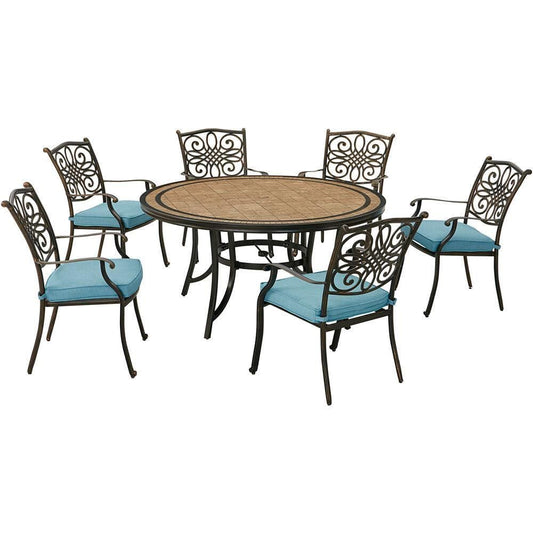 Hanover Outdoor Dining Set Hanover Monaco 7-Piece Dining Set in Blue with Six Dining Chairs and a 60-in. Tile-Top Table
