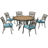 Hanover Outdoor Dining Set Hanover Monaco 7-Piece Dining Set in Blue with Six Dining Chairs and a 60-in. Tile-Top Table