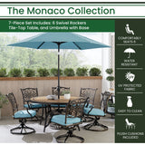 Hanover Outdoor Dining Set Hanover Monaco 7-Piece Dining Set in Blue with Six Swivel Rockers, 60-in. Tile-Top Table and 9-Ft. Umbrella | MONDN7PCSW6RDTLC-SU-B