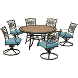 Hanover Outdoor Dining Set Hanover Monaco 7-Piece Dining Set in Blue with Six Swivel Rockers and a 60-in. Tile-Top Table