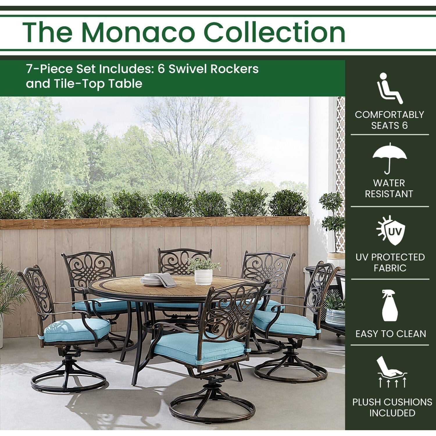 Hanover Outdoor Dining Set Hanover Monaco 7-Piece Dining Set in Blue with Six Swivel Rockers and a 60-in. Tile-Top Table | MONDN7PCSW6RDTL-C-BLU